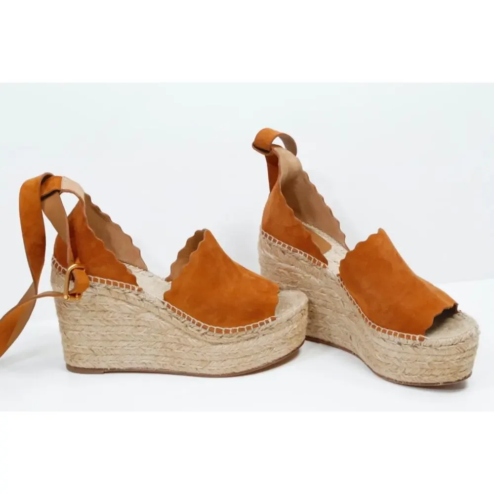 Chloe Lauren Scalloped Suede Espadrille Wedge Sandals 38 Tan Chestnut Platforms
